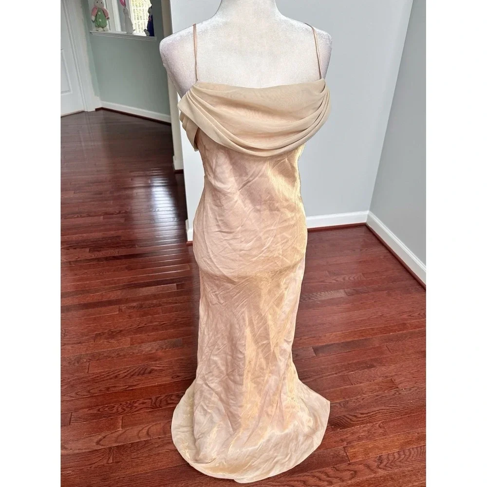 Vintage 2000s Dollar Metallic Gold Cowl Neck Simple Elegant Fairy Gown Dress XL - Picture 8 of 12